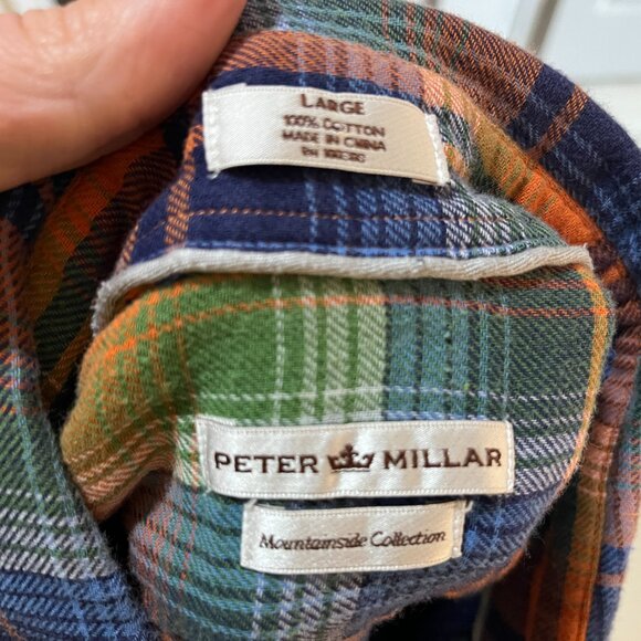 Peter Millar Men's orange, blue and green plaid Mountainside Flannel Large L EUC - Picture 6 of 6